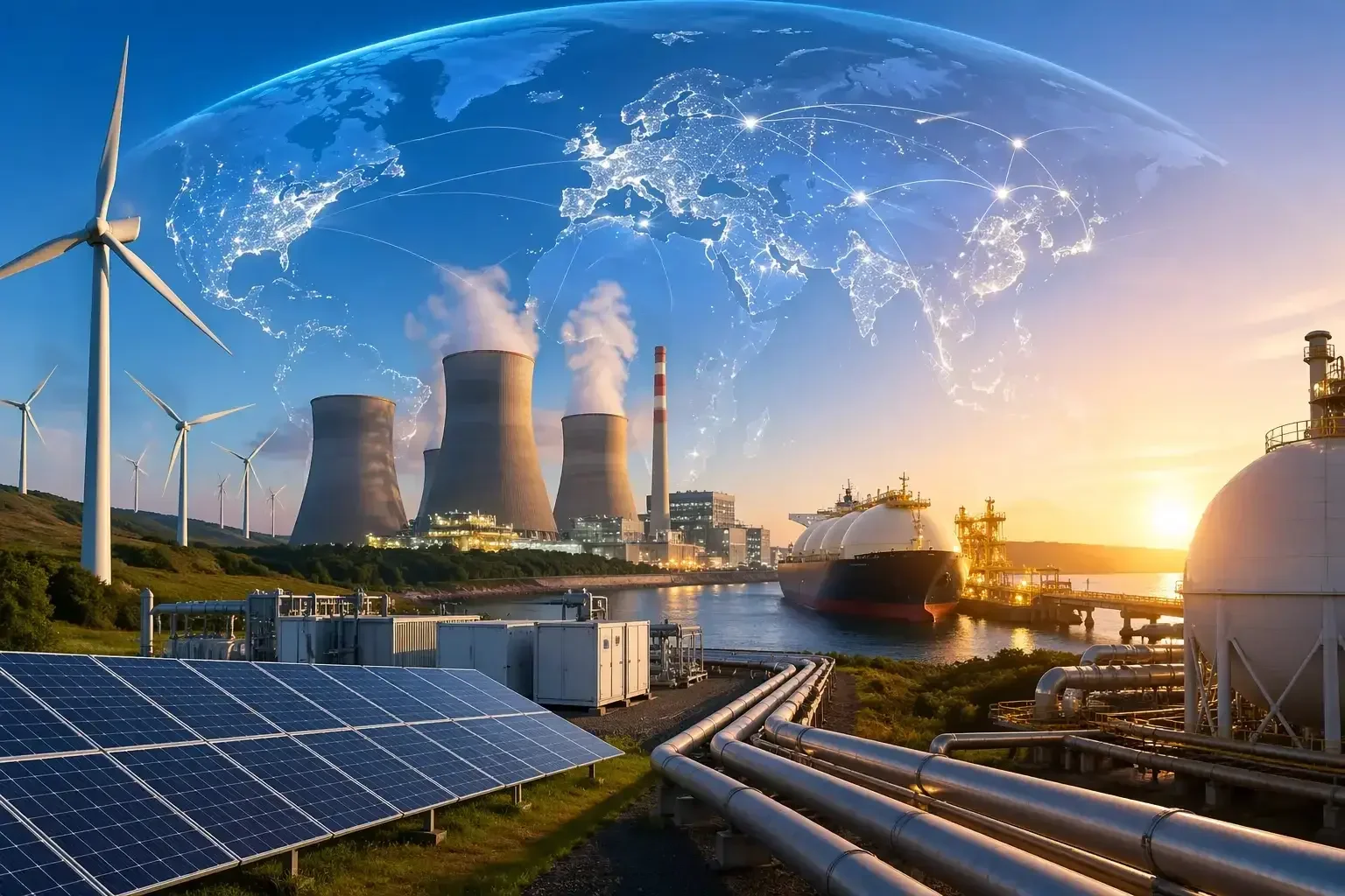 A landscape of renewable energy sources, including wind turbines and solar panels, set near a power plant with cooling towers, overlaid with a digital image of the world map and connecting lines, symbolizing global energy infrastructure and sustainability.