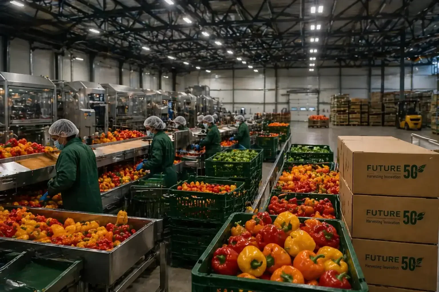 Workers in protective gear sorting red, yellow, and green peppers in a large warehouse with conveyor belts and stacked crates.