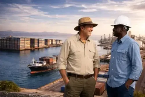 Two men talking by a harbor with cargo containers and a ship, one wearing a hat and tan shirt, the other wearing a white safety helmet and blue shirt, during sunset.