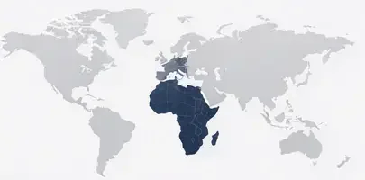 A world map highlighting African countries in dark blue.