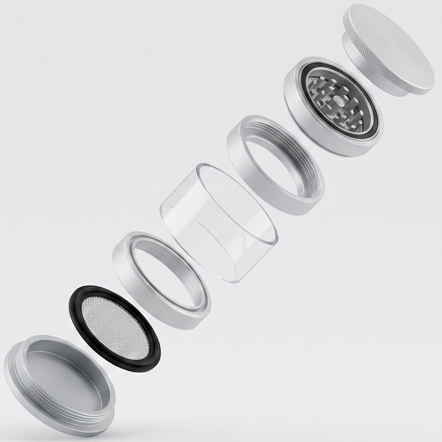 Exploded view of the Othello Twist grinder showing the lid, grinding teeth, window, screen and kief catcher