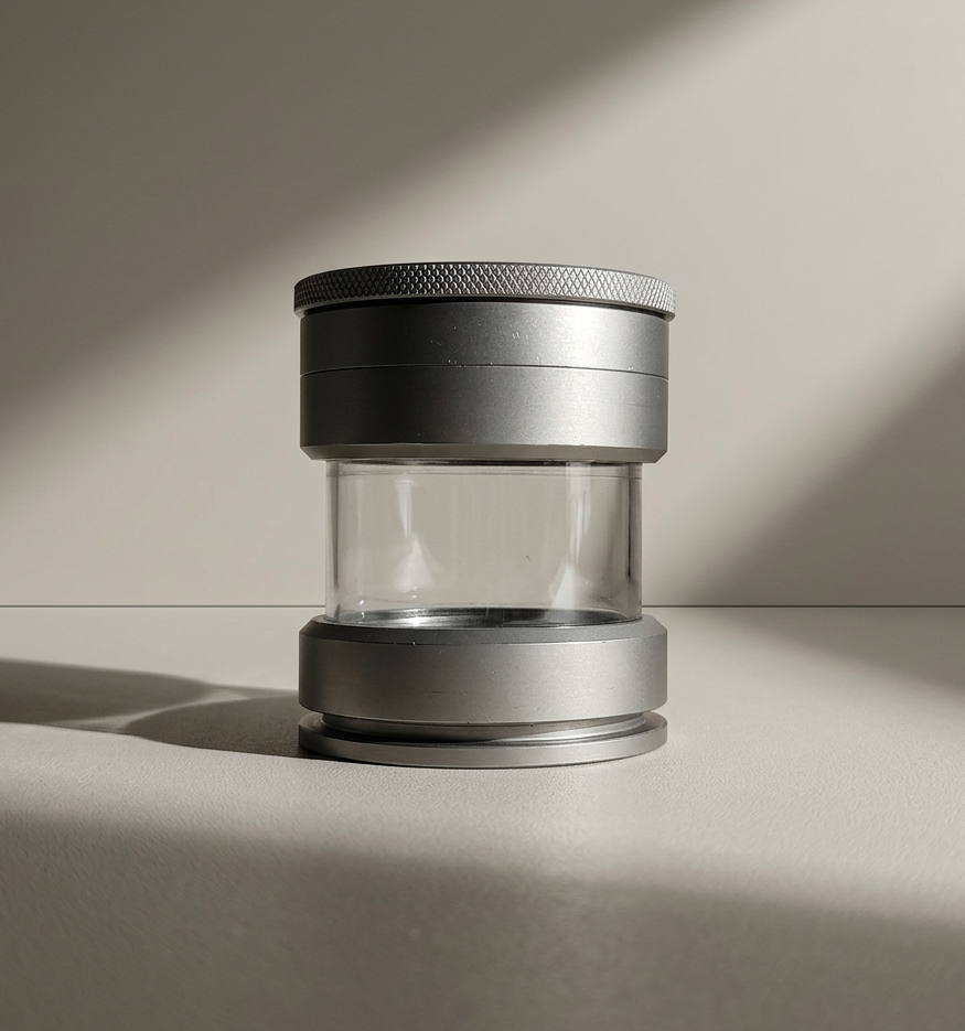 Aluminum grinder with polycarbonate glass. With a ball bearing system for unlimited usage.