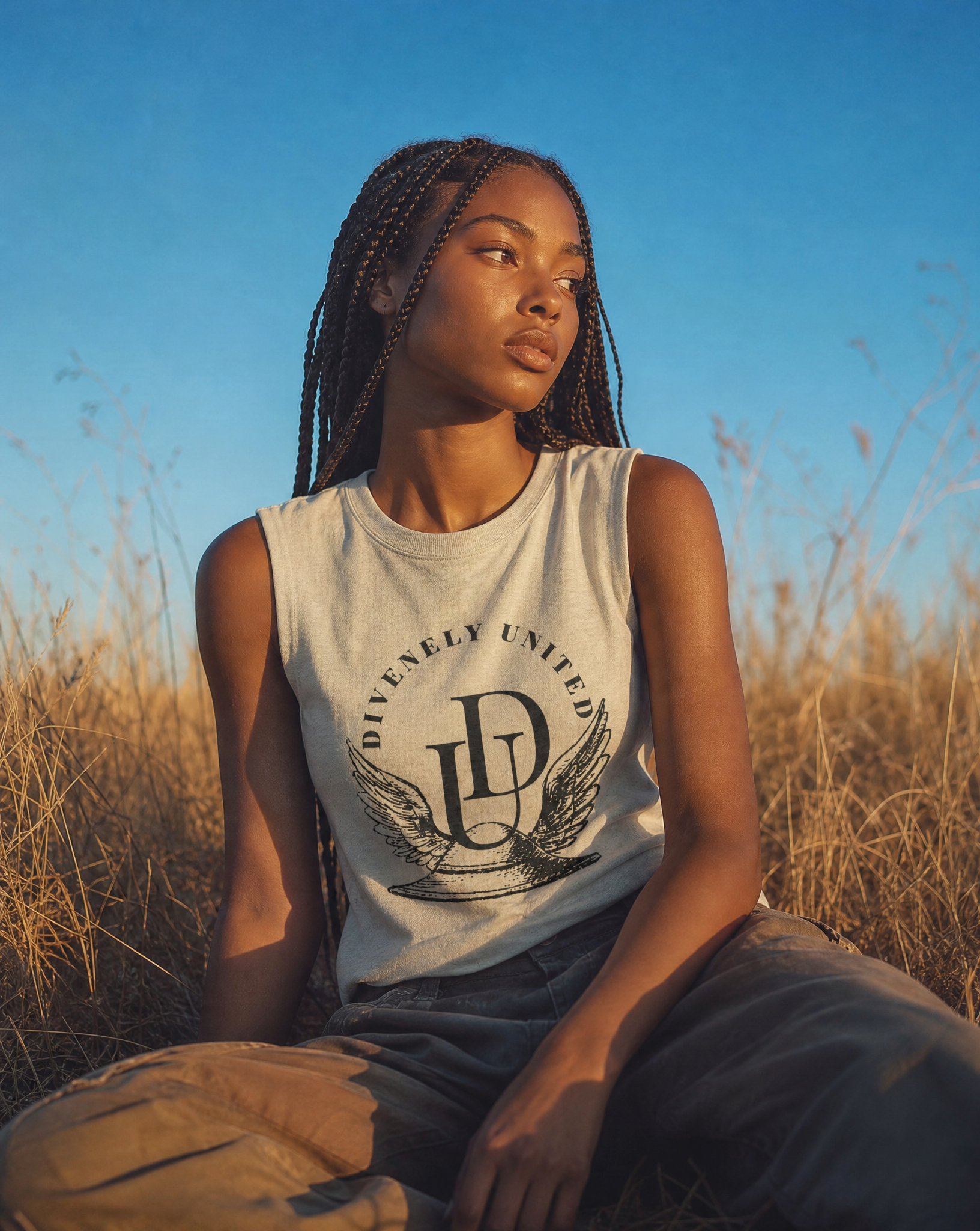 A young woman with braided hair and a sleeveless shirt sitting outdoors in a field with dry grass, with a clear blue sky in the background
