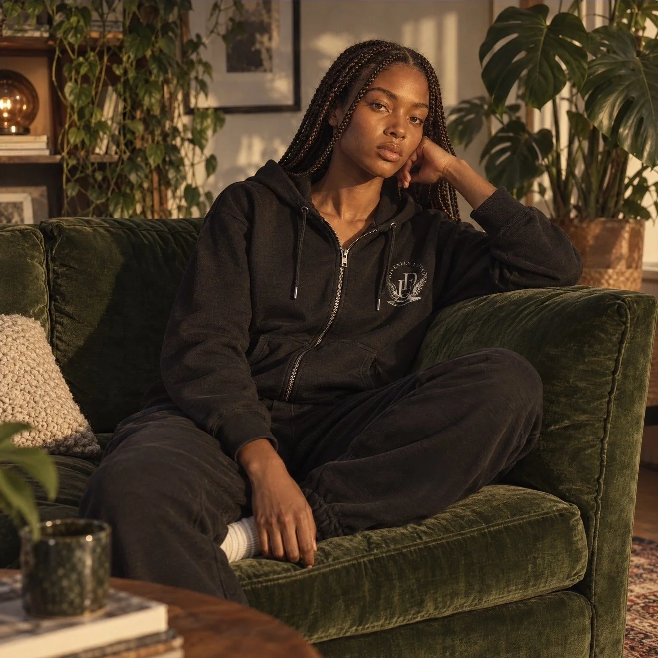 A woman with braided hair sits on a green velvet couch, resting her head on her hand, in a warmly lit living room with plants and books.