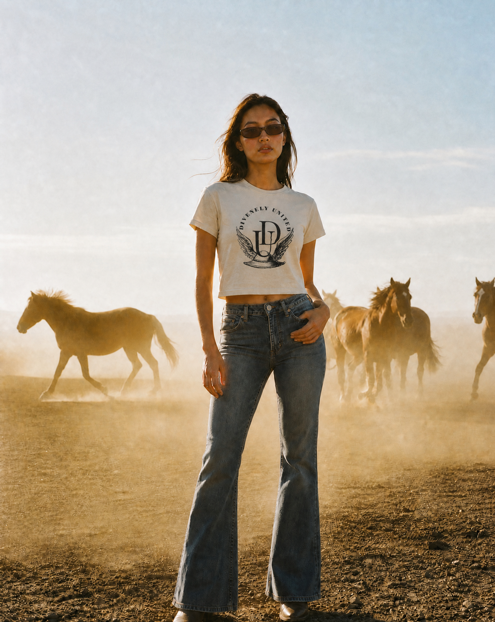 A woman with long hair and sunglasses stands on dry, cracked earth with horses grazing in the background during sunset.
