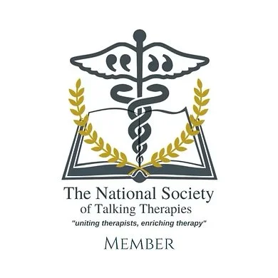 Logo of The National Society of Talking Therapies featuring a caduceus with a snake and wings, surrounded by gold laurel branches, with text 'uniting therapists, enriching therapy' and 'MEMBER'.