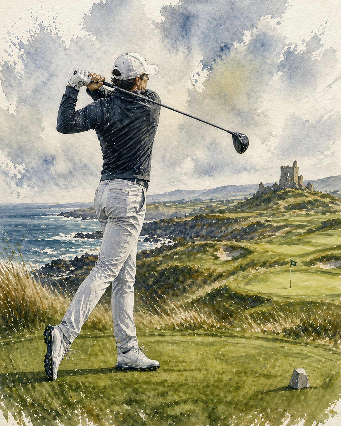 A man in golf attire swinging a golf club on a green golf course with a castle in the distance and the ocean nearby.