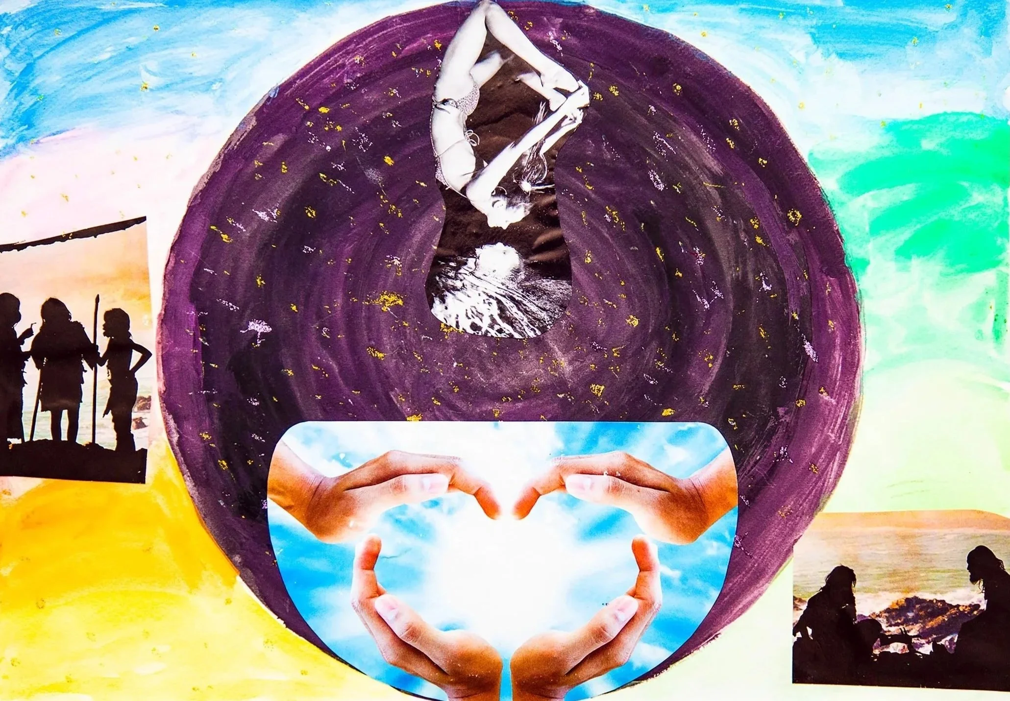 Colourful collage of hands forming a heart, Indigenous figures, and a violet orb.