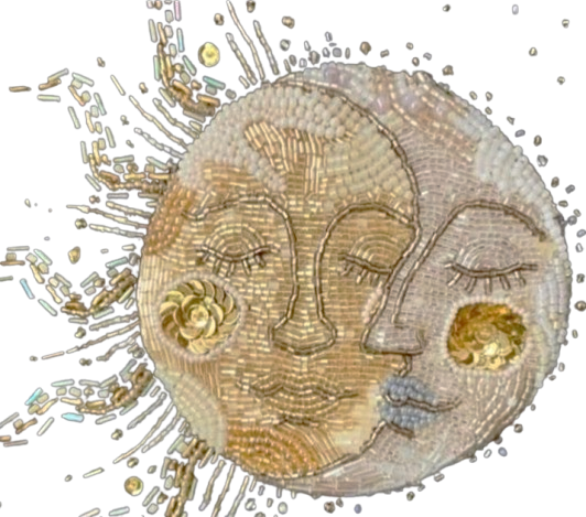Golden artwork of sun and moon with faces symbolizing unity