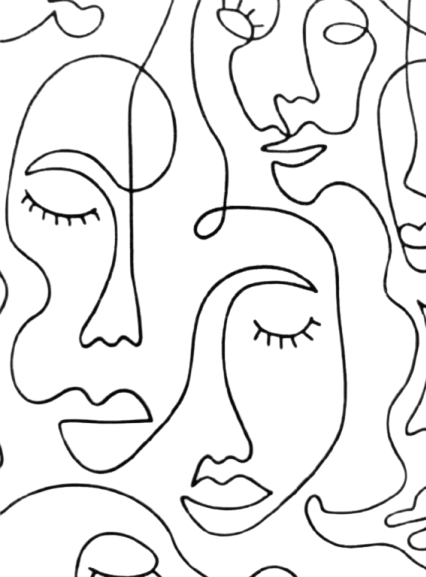 Abstract black line art of multiple intertwined female faces with closed eyes and flowing hair.