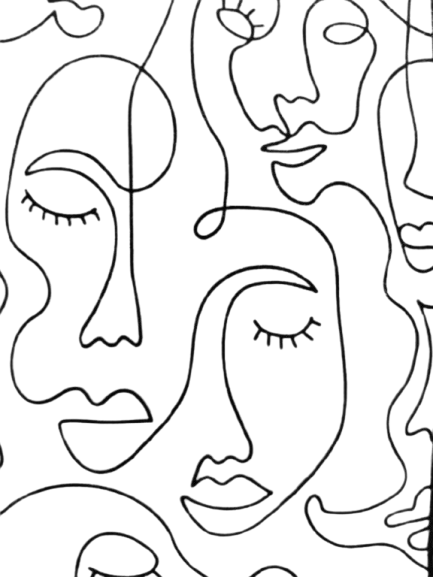 Black and white line art depicting human faces, using minimal strokes to convey expression, identity, and emotional presence.