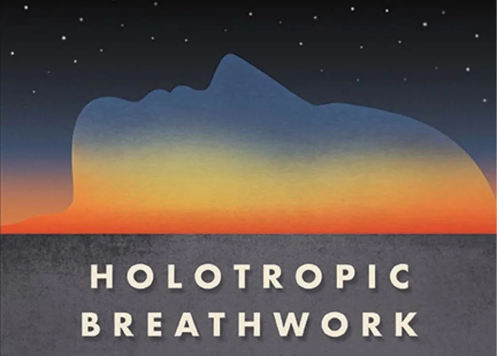 Illustration of a mountain resembling a baby hippopotamus with a colorful sunset background, and stars in the night sky. Text reads 'Holotropic Breathwork'.