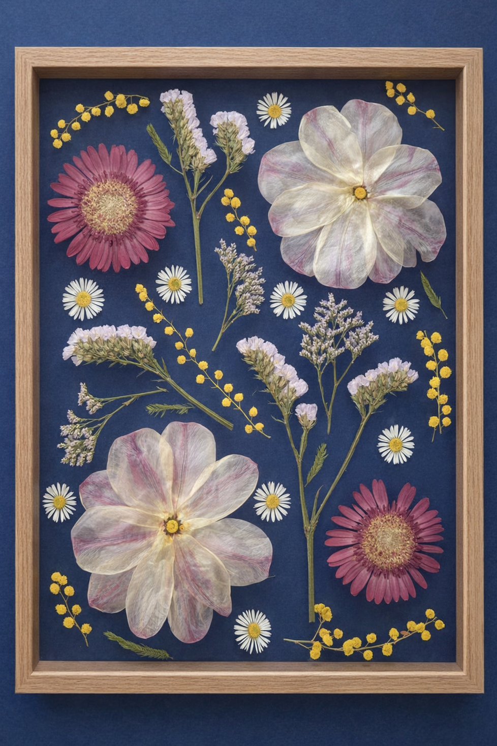 Geperste bloemen in een kader tussen twee glazen. De kader is van eiken en lichtbruin. De bloemen die in de kader worden weergegeven zijn Gerbera's, tulpen, madeliefjes en lamsoor. Dit alles op een blauwe achtergrond.