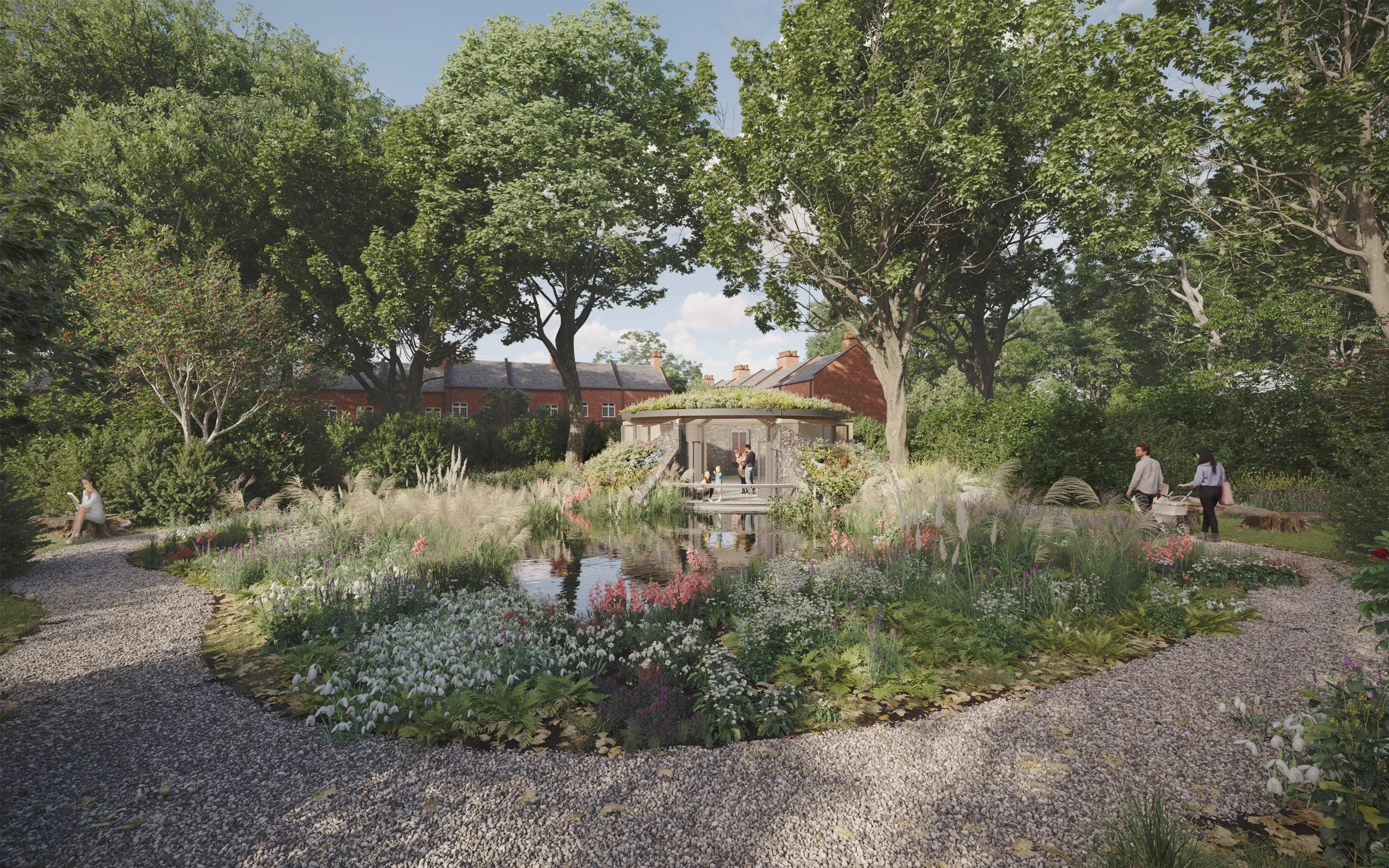 Levitate Architects Highbury Fields Café wildlife teaching space with a sustainable green roof and biodiverse pond