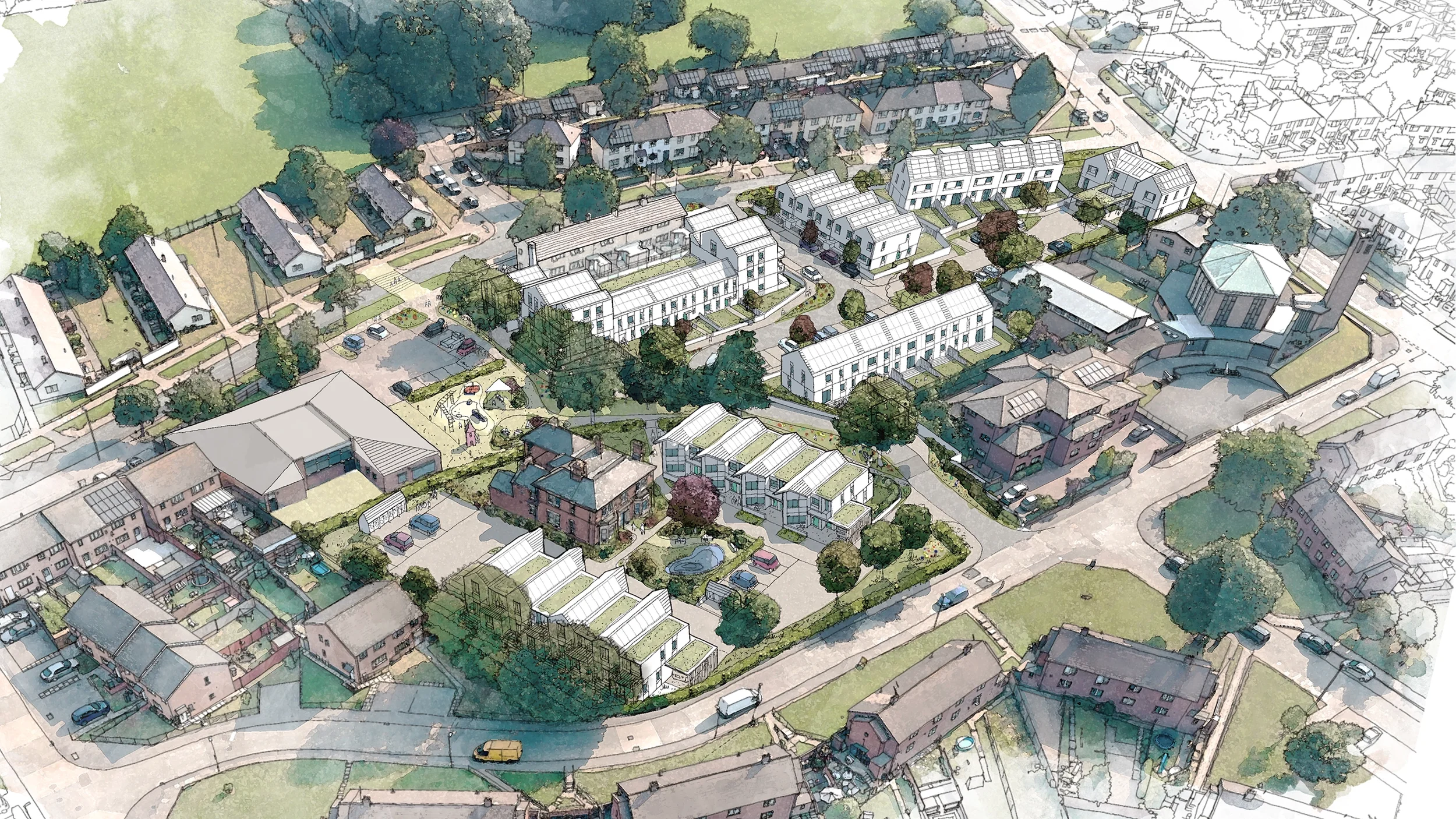 Levitate Architects Stocking Farm neighbourhood centre aerial sketch of sustainable Passivhaus community masterplan with affordable housing.