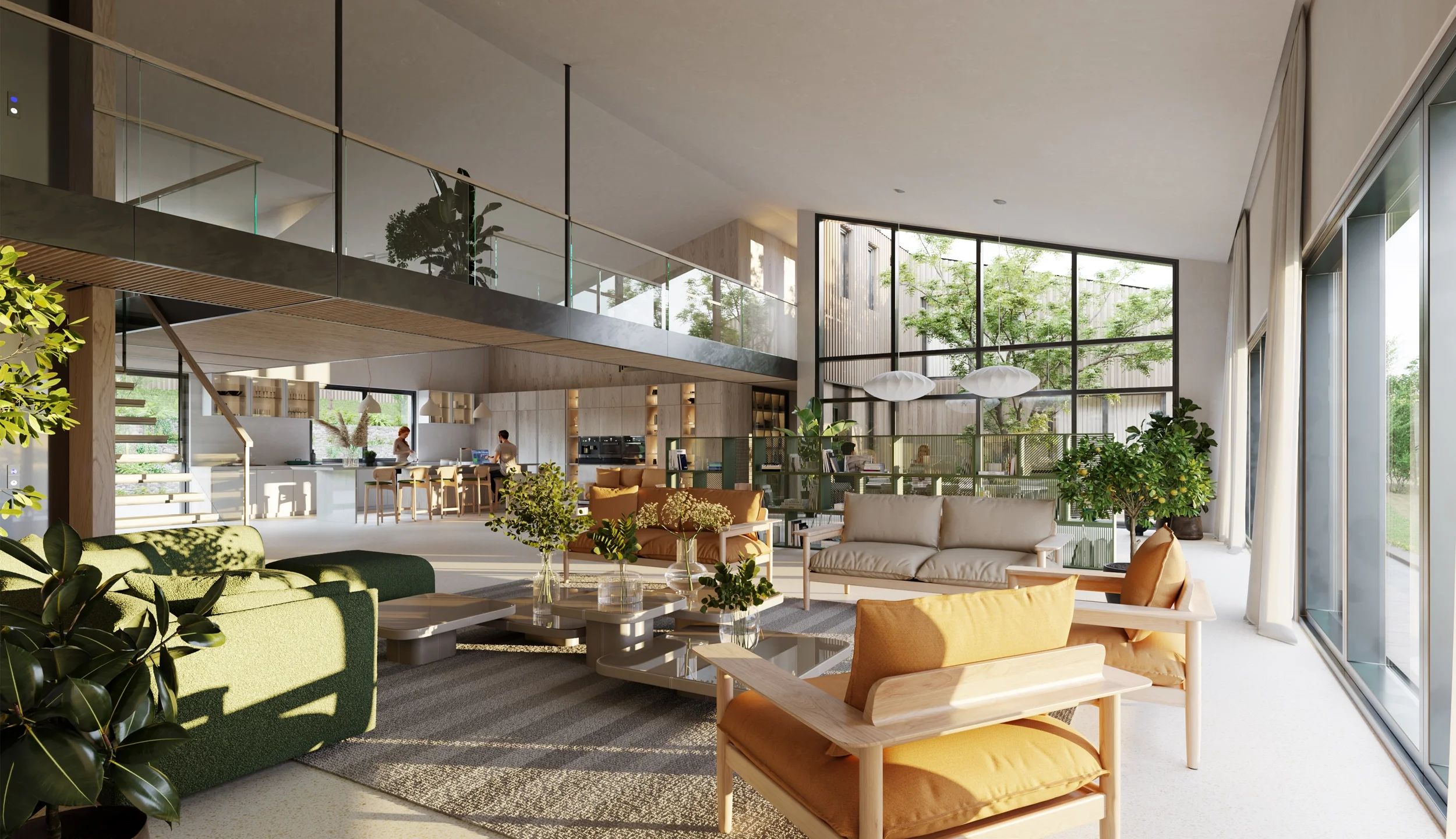Levitate's new build home Compton Bassett interior features a sustainable open-plan living room with timber details and farm-view windows.