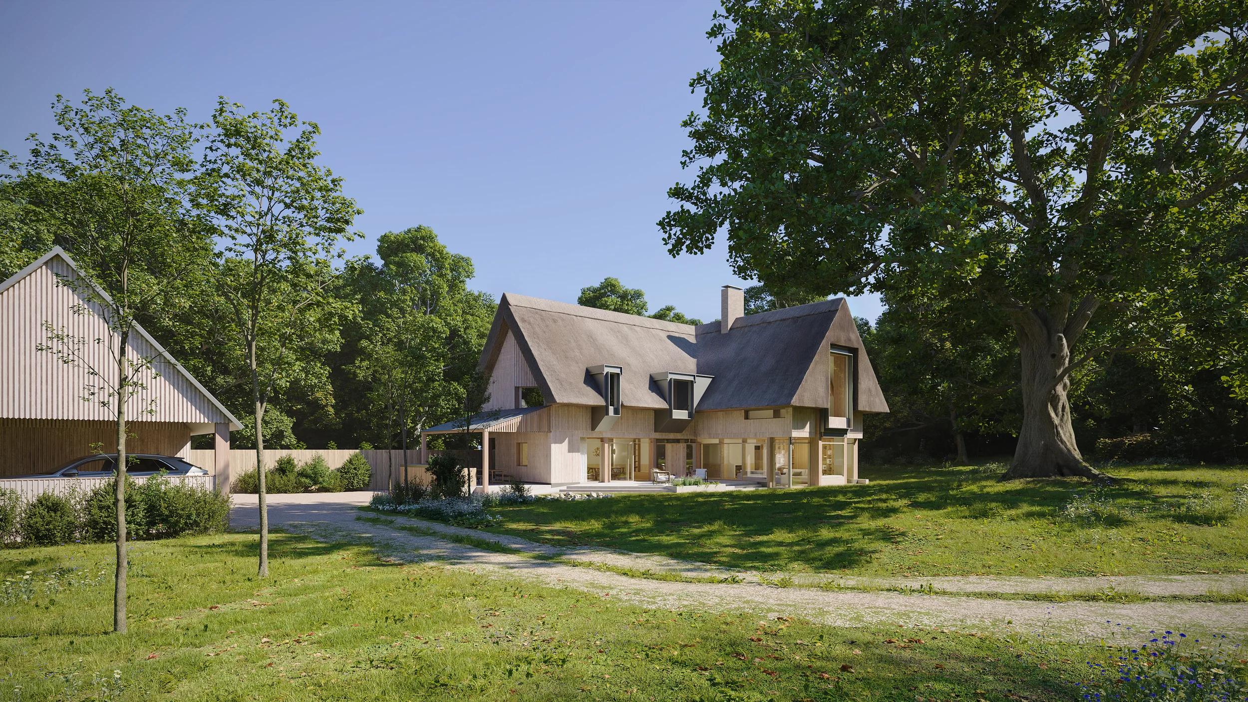 Levitate Architects House in a Field conservation area home with thatch roof and timber cladding nestled among mature trees in a protected heritage landscape.