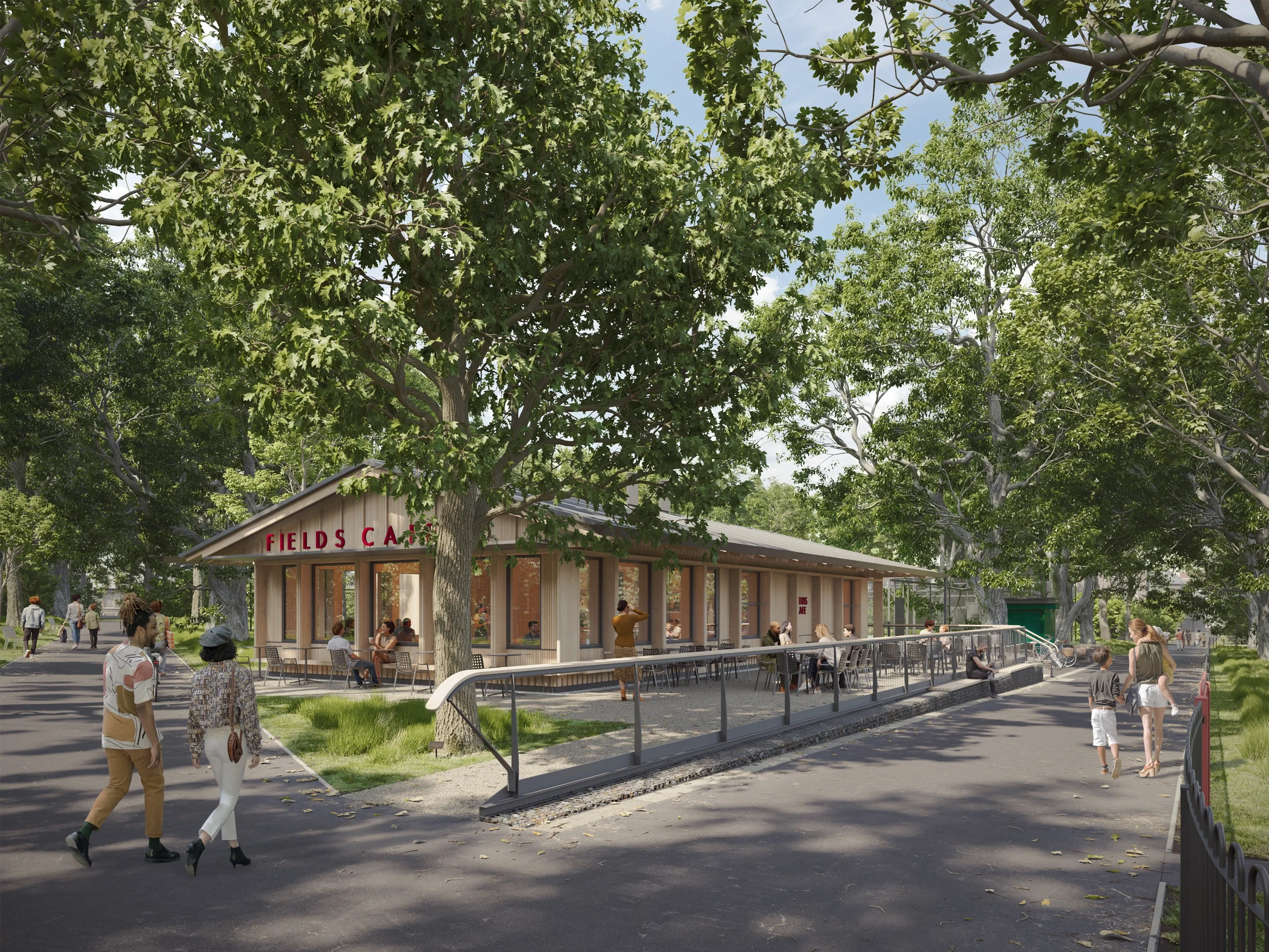 Levitate Architects Highbury Fields Café sustainable timber pavilion showing low carbon, modular design embedded within a tree-lined public park.
