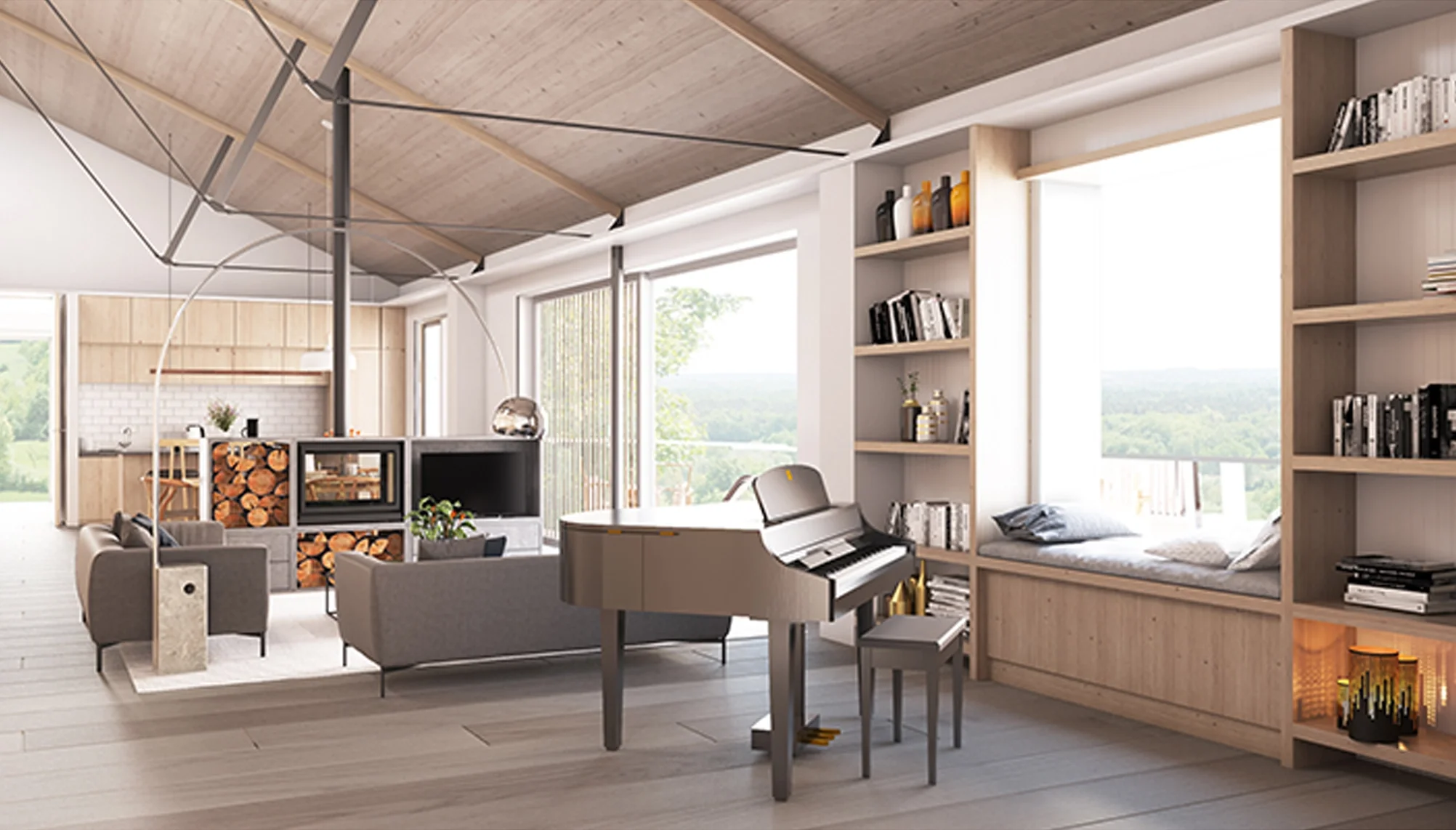 Levitate Architects Dairy Shed living space featuring piano, timber shelving and large windows connecting low carbon home to farm views.