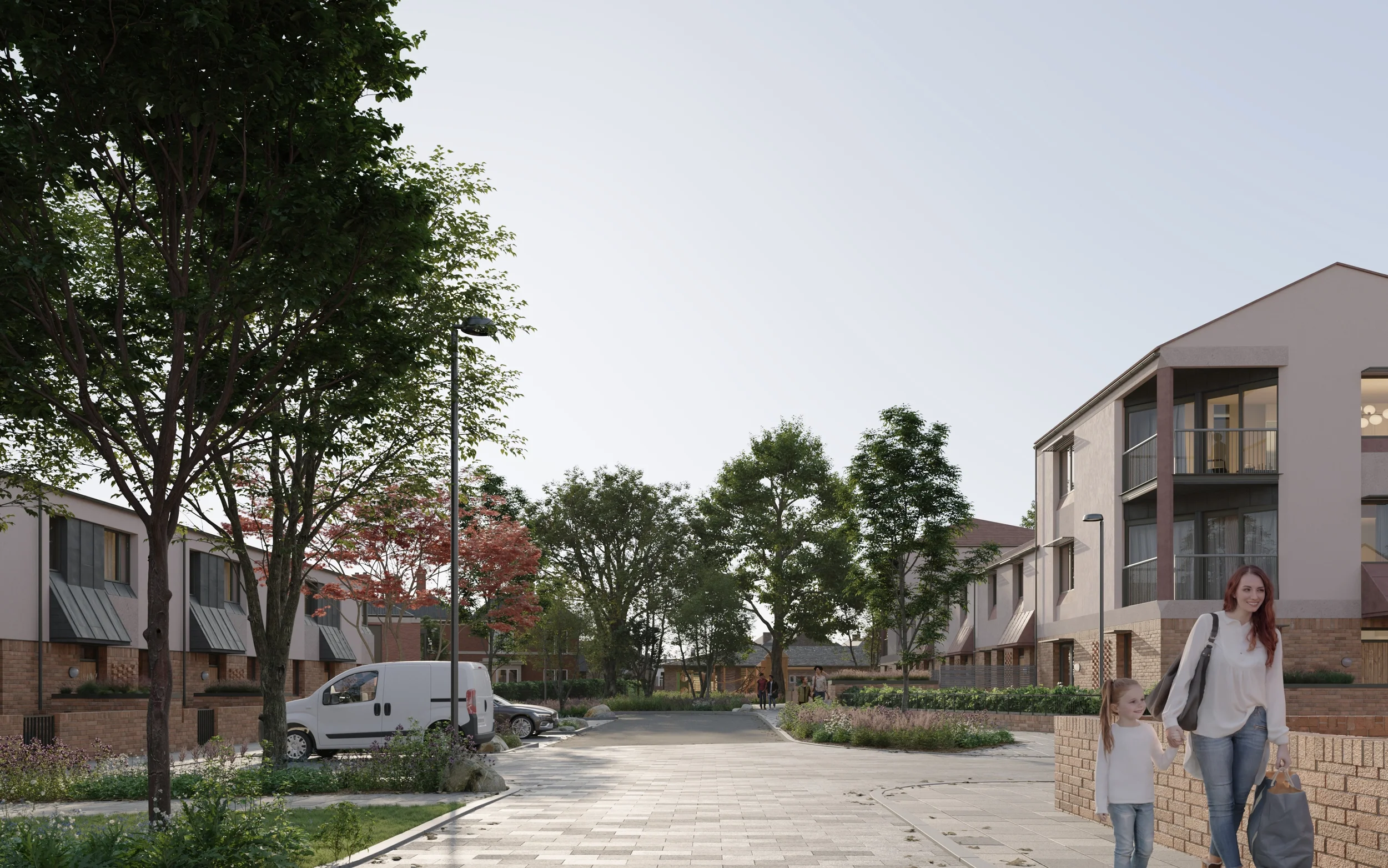 Levitate Architects Stocking Farm neighbourhood centre street approach showing pedestrian-friendly layout and energy-efficient affordable housing.
