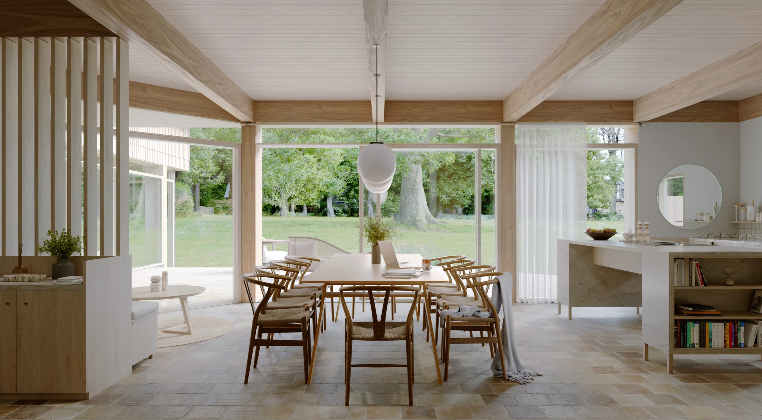 Levitate Architects House in a Field conservation area interior with timber beams, soft light, and views to heritage landscape through full‑height glazing.