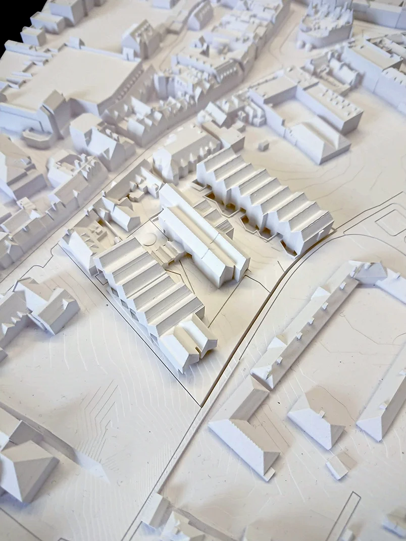Levitate's Wokingham Centre Development architectural model showing the linear massing of new buildings within the town centre plot