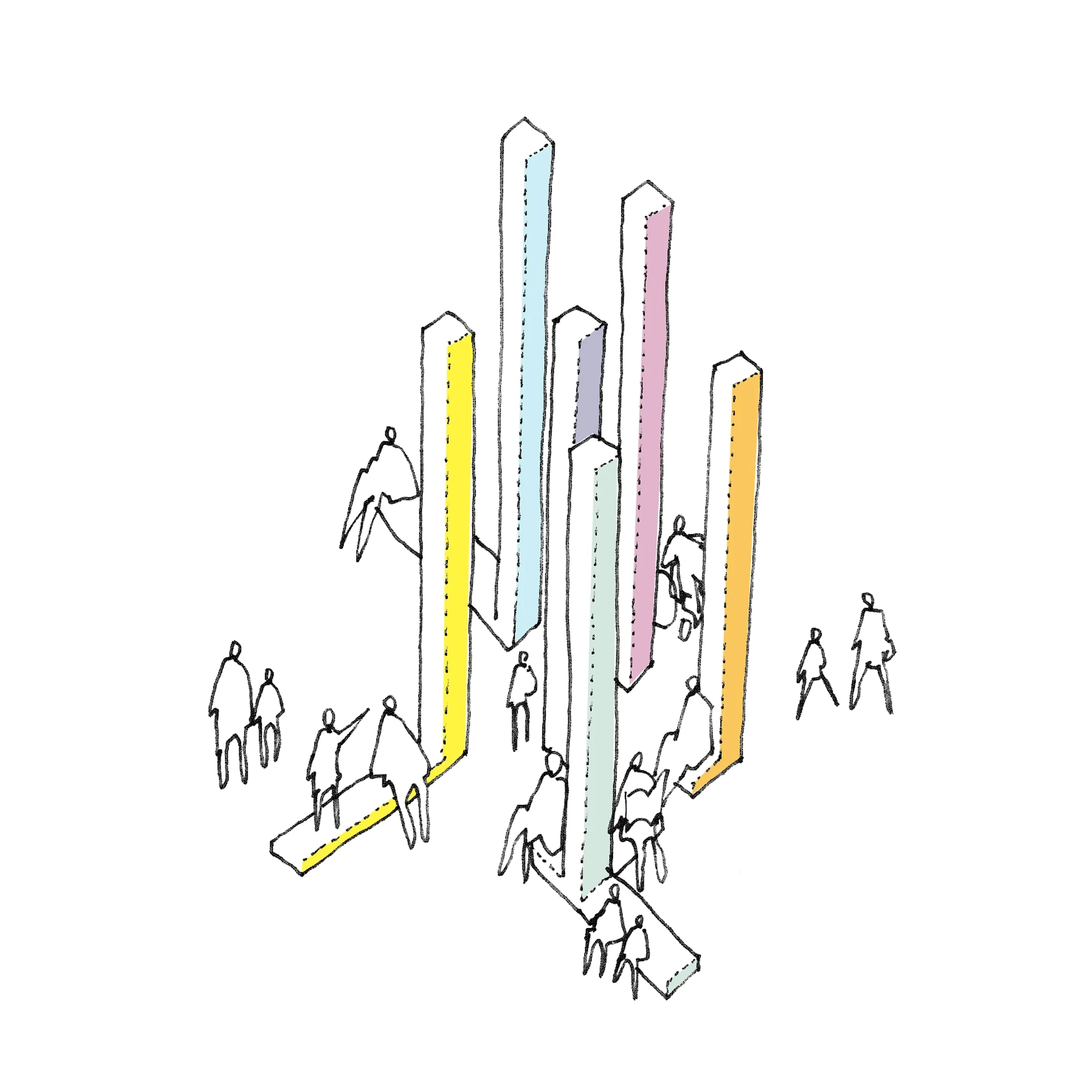 Levitate Architects Highcross Beacons Digital Sculpture 3D sketch showing seven interactive LED totems with seating in a public square.