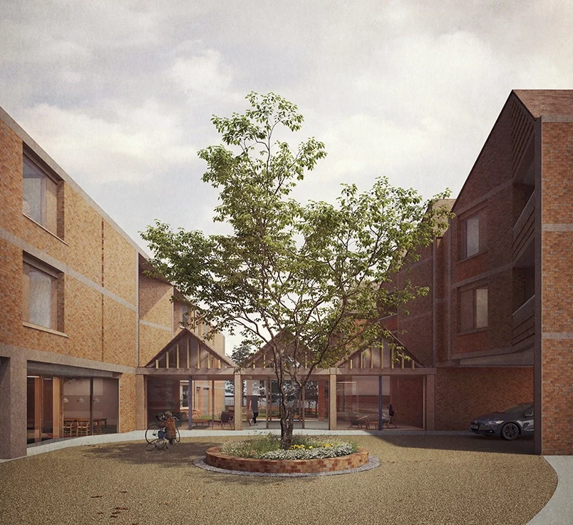 Levitate's Wokingham Centre Development street view showing timber-clad gabled apartment building with balconies among mature trees
