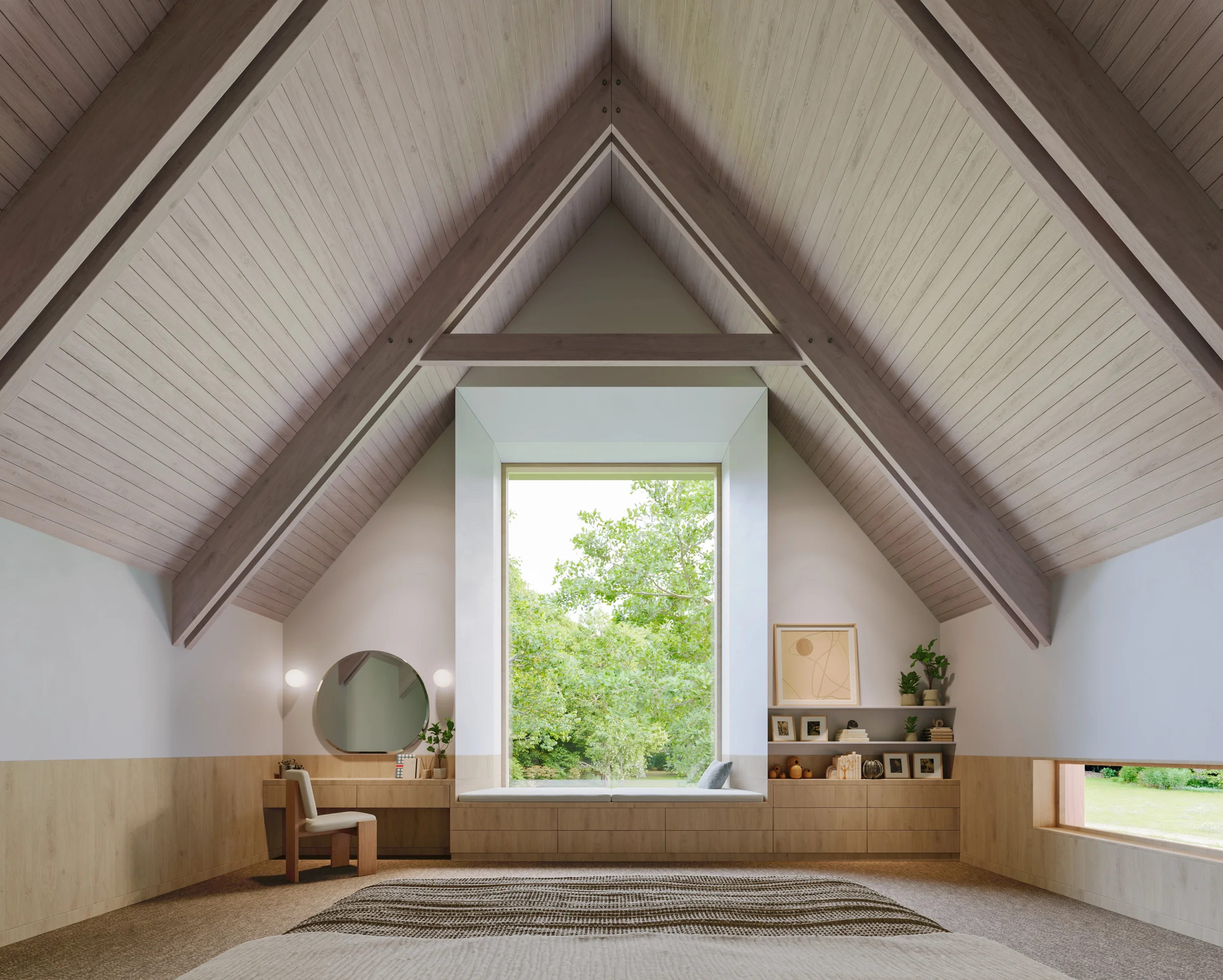 Levitate Architects House in a Field heritage bedroom interior with timber detailing, vaulted ceiling, and large window overlooking conservation area greenery.