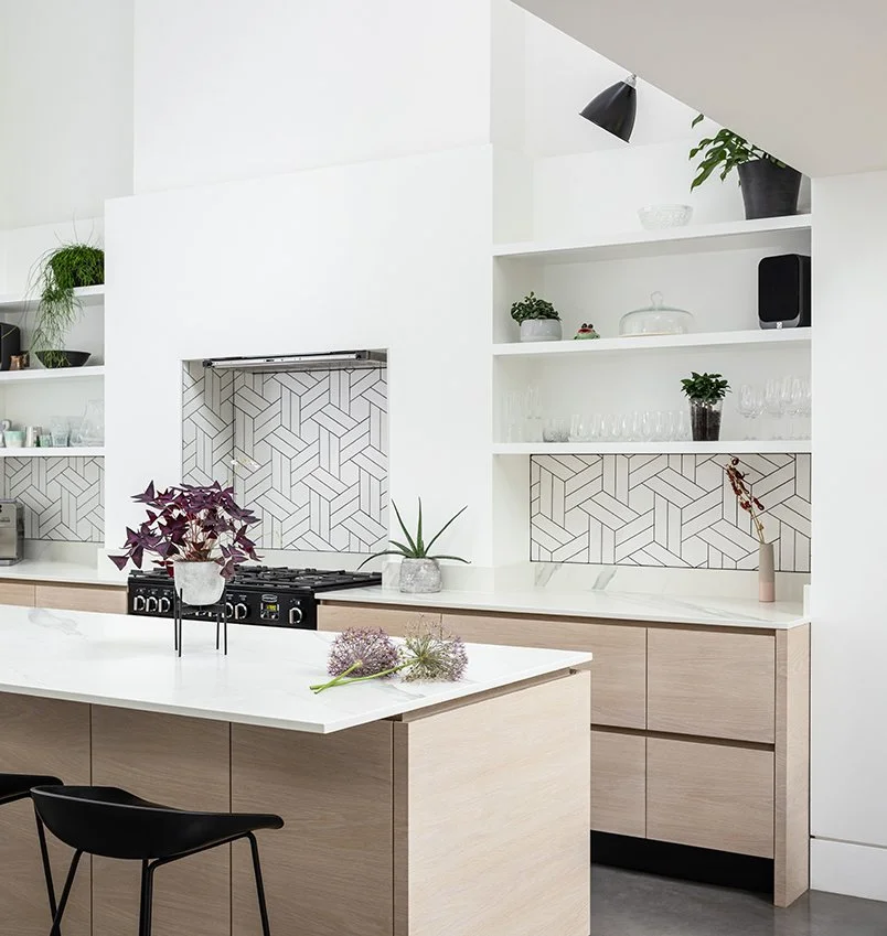 Levitate Architects Gloucester Drive contemporary kitchen design with geometric tiled backsplash, light wood cabinetry, and modern extension detailing.