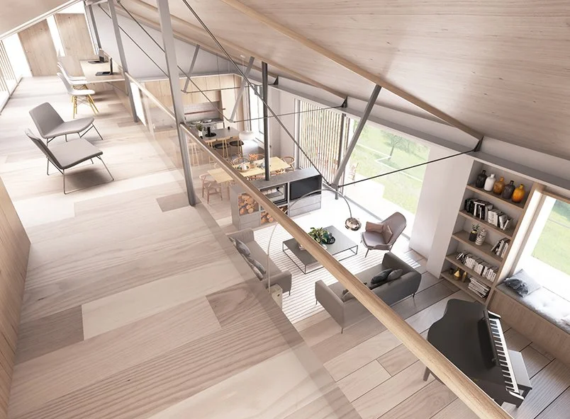 Levitate Architects Dairy Shed adaptive reuse loft interior with timber floors, exposed steel and open plan layout reflecting low carbon farm conversion.