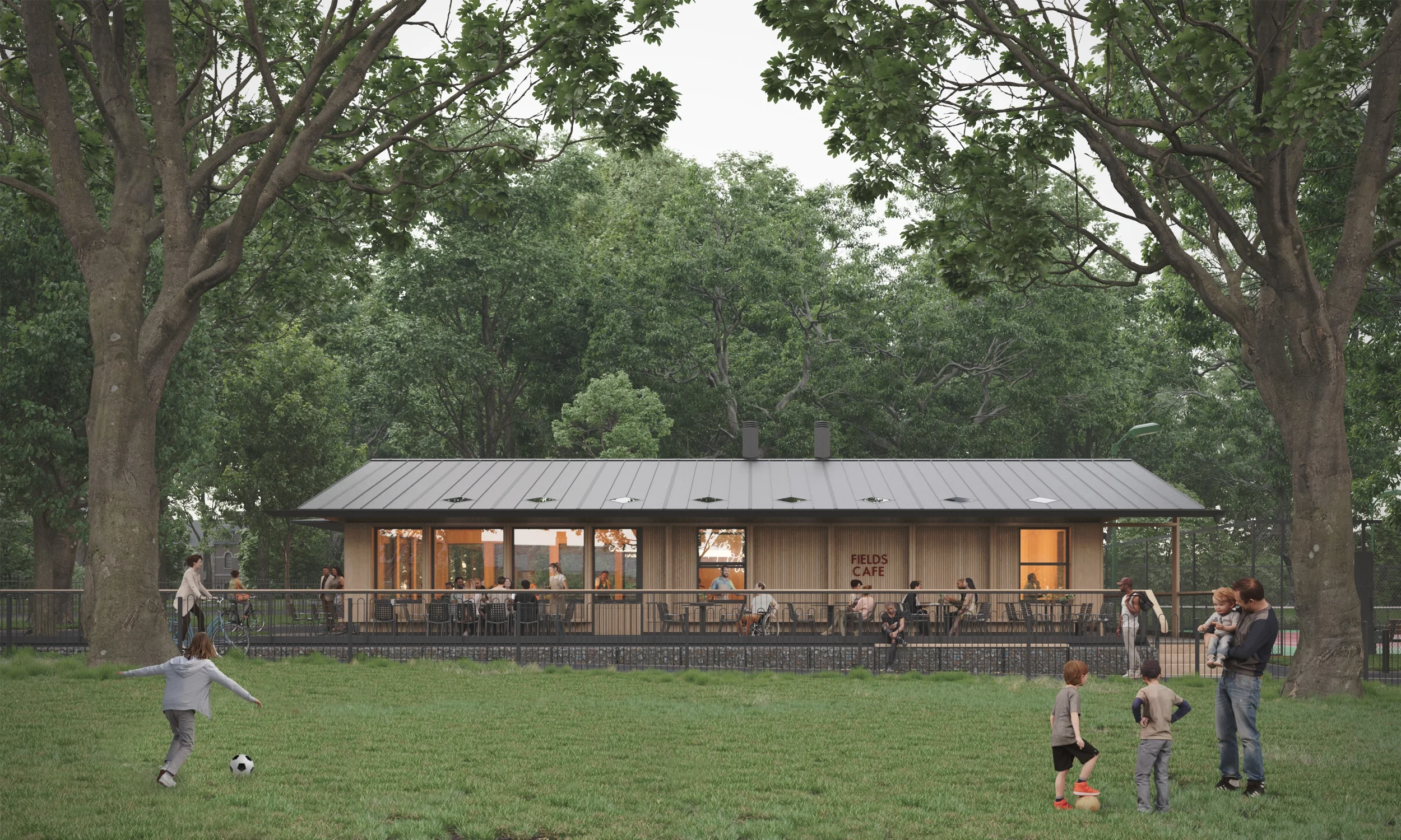 Levitate Architects Highbury Fields Café wide view of a low carbon timber structure featuring a no-concrete amidst green lawns.