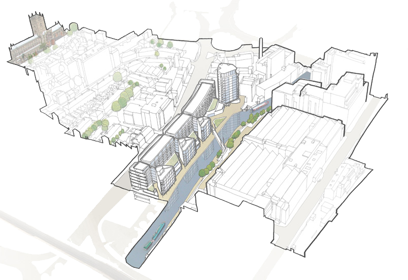 Architectural masterplan drawing of Nottingham One by Levitate Architects, showing the mixed-use canal development context and surrounding city.