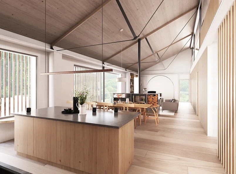 Levitate Architects Dairy Shed adaptive reuse kitchen with timber structure, exposed beams and natural light promoting low carbon farm architecture