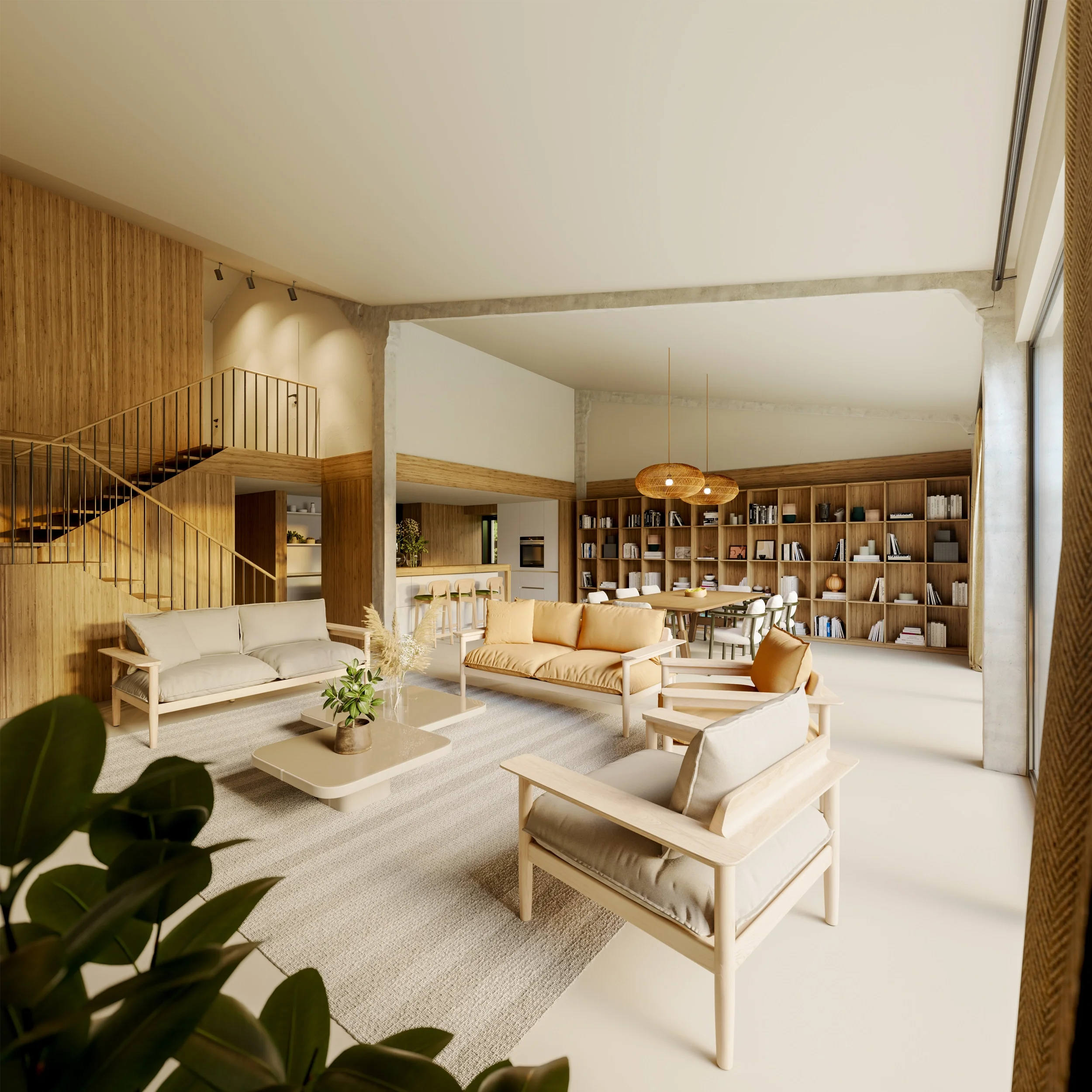 Levitate's Newton Farm Barns modern open-plan interior featuring light wood wall paneling, a wooden staircase, and plush seating