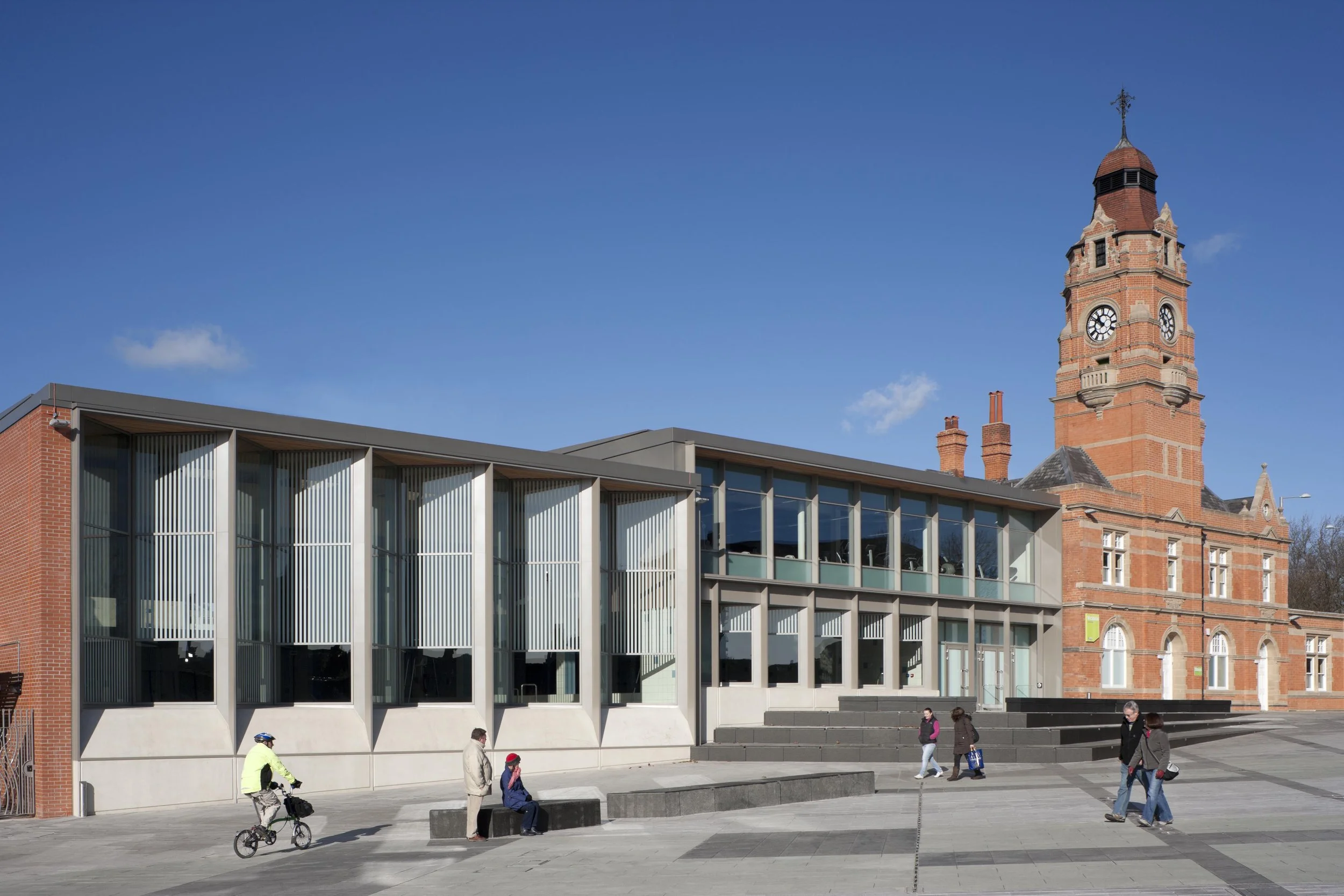 Levitate Architects — Exterior view of Levitate's conservation and adaptive reuse of the historic Victoria Leisure Centre saw the retention of the clock tower forming a new