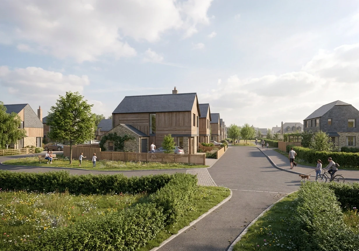 Levitate's Ersham Farm timber clad new homes along a landscaped street with wildflower verges residents and cyclists