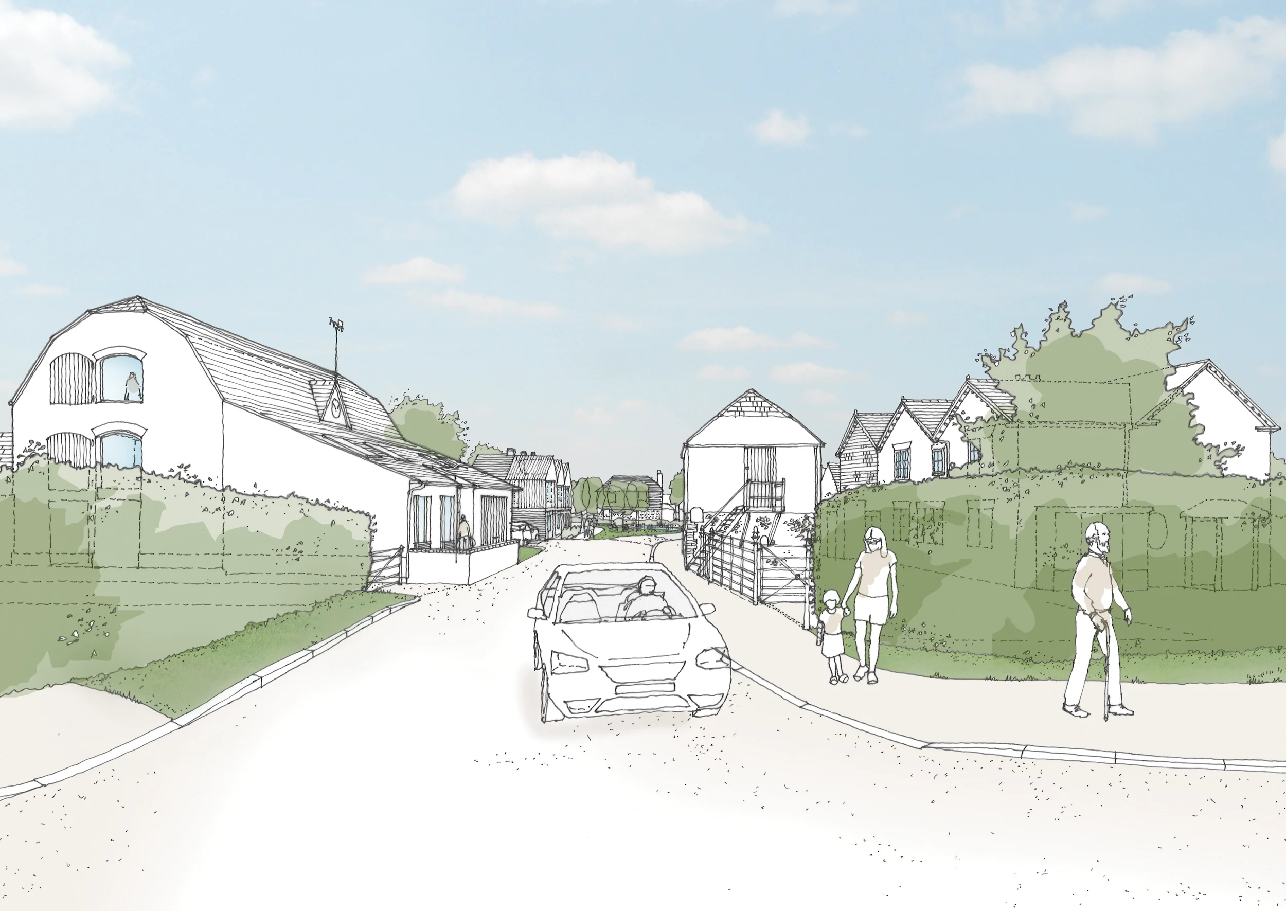 Levitate's Ersham Farm timber clad new homes along a landscaped street with wildflower verges residents and cyclists
