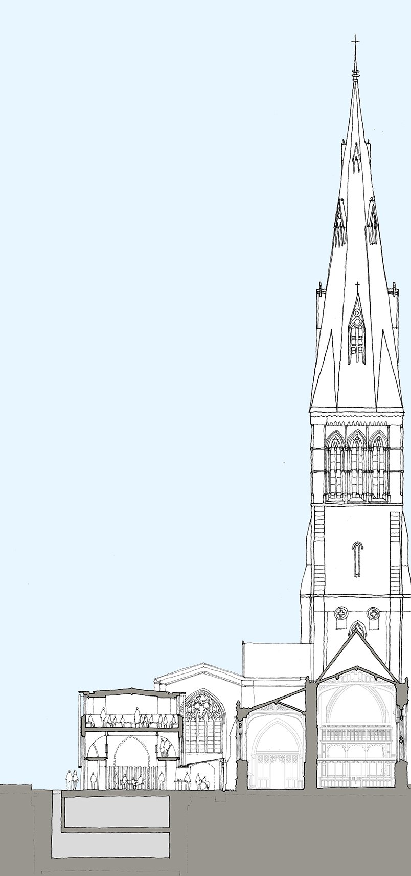 Levitate Architects' Leicester Cathdral cross-section details internal gallery levels of a modern respectful extension on the historic site