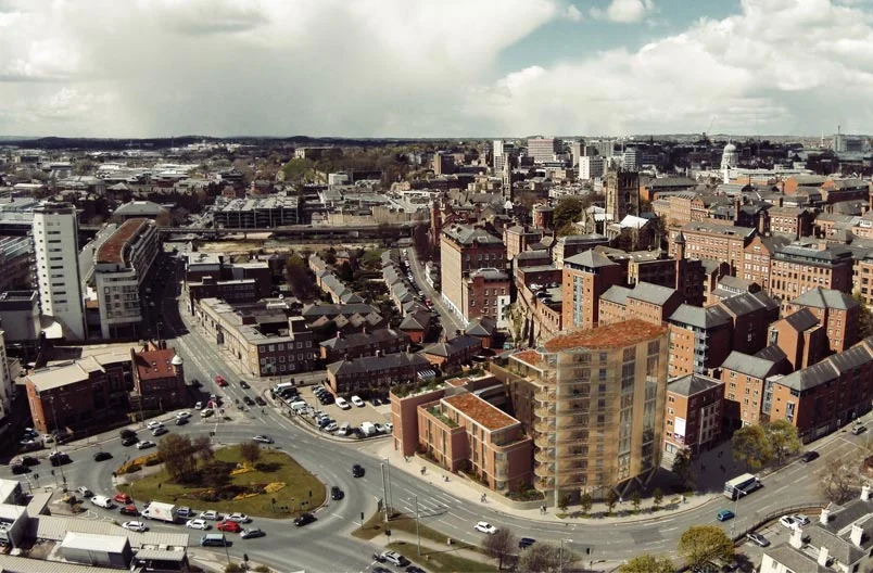 Levitate's Lace Building aerial view showcasing two connected residential volumes set within the Nottingham city centre skyline