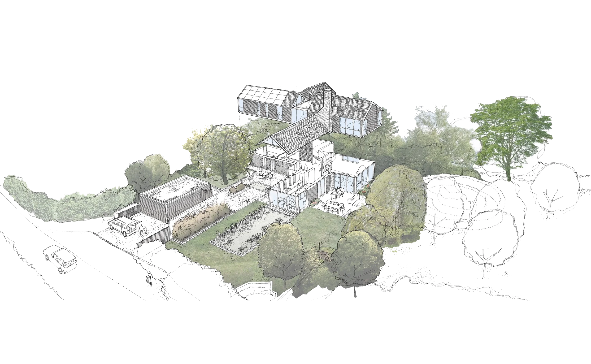 Levitate's Hopkiln cottage aerial 3D sketch showing the layout of fragmented, four-directional barn volumes.