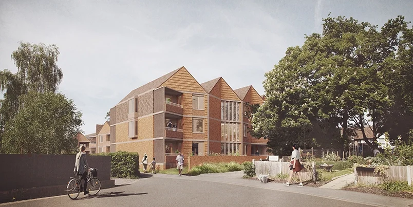 Levitate's Wokingham Centre Development courtyard with red brick buildings, a central tree and timber-framed glazed link building