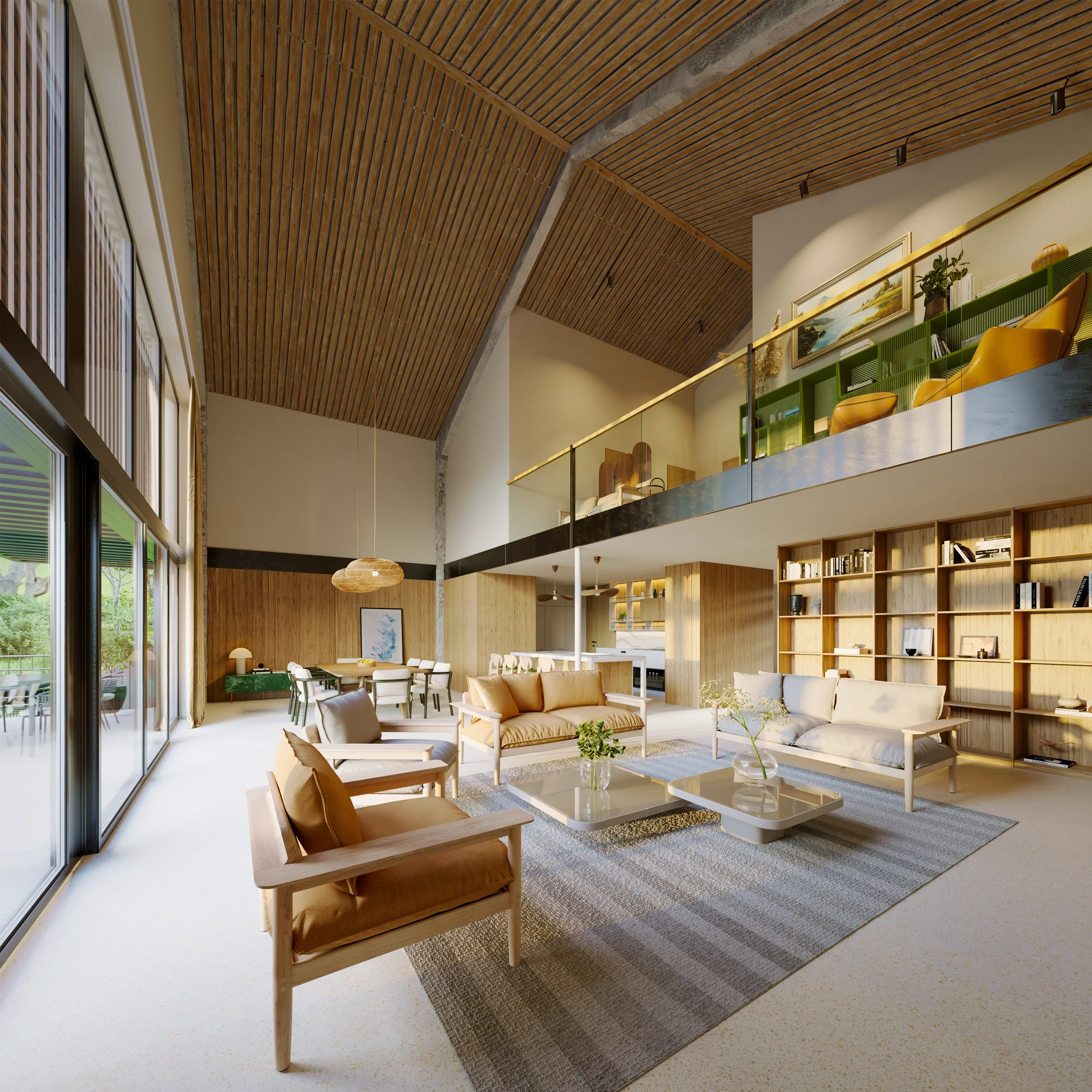 Levitate's Newton Farm Barns spacious open-plan living room interior with double-height slatted wood ceiling, mezzanine, and large windows