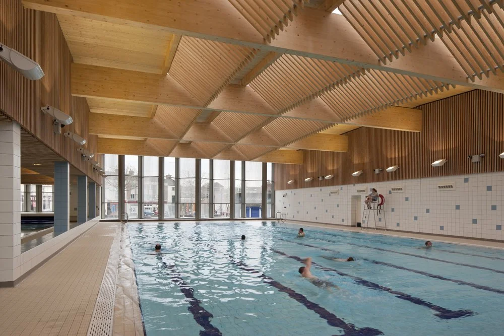 Warm, natural and sustainable materials were used to form a dramatic roof form over the Victoria Leisure Centre swimming pool to ensure natural lighting was maximised at Levitate's award winning scheme.