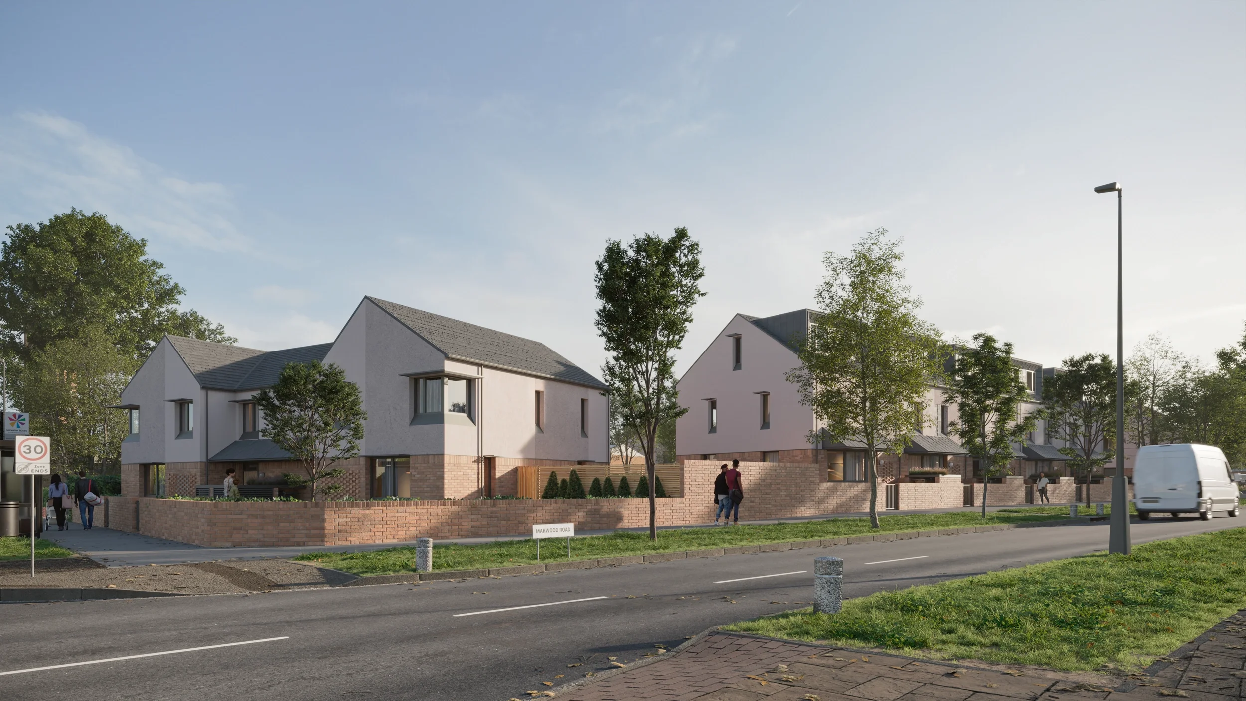Levitate Architects Stocking Farm neighbourhood centre streetscape with Passivhaus-standard affordable housing and landscaped community walkways.