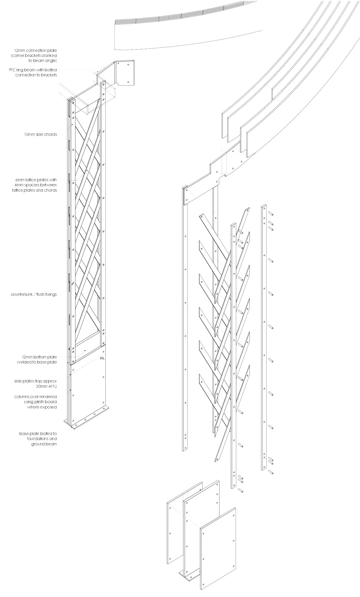 Levitate's Southernhay Hotel exploded axonometric drawing of the pavilion's laser cut steel lattice columns