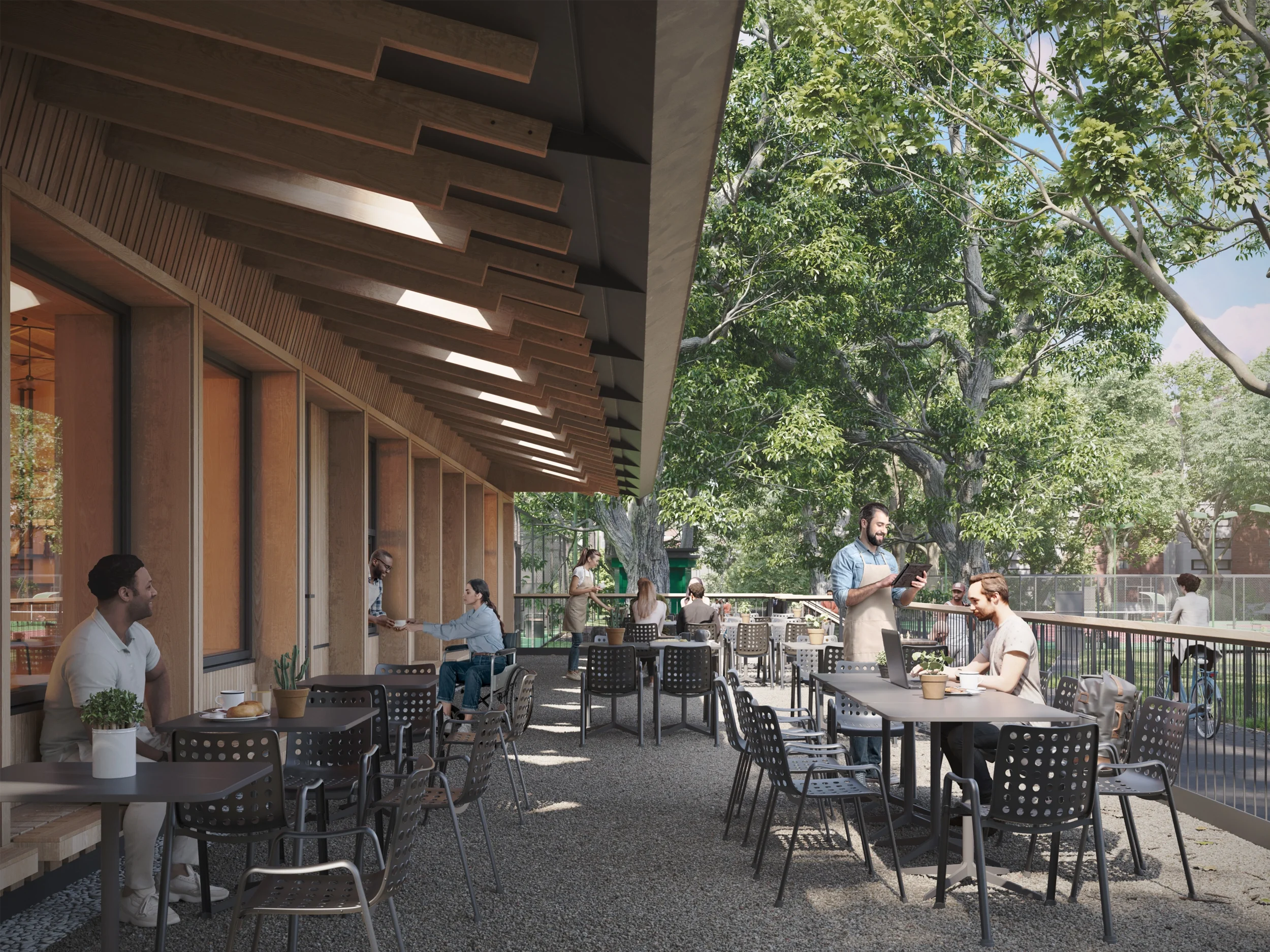 Levitate Architects Highbury Fields Café outdoor dining terrace highlighting sustainable timber beams and an environmental conscious, low carbon layout.