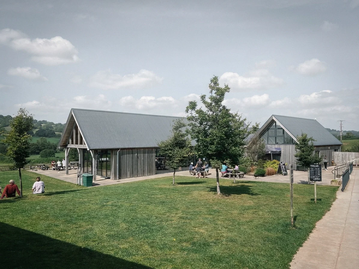 Levitate's Otter Valley Dairy Cafe sustainable timber barns on a family-run farm, welcoming visitors to open lawns and rolling Devon views.
