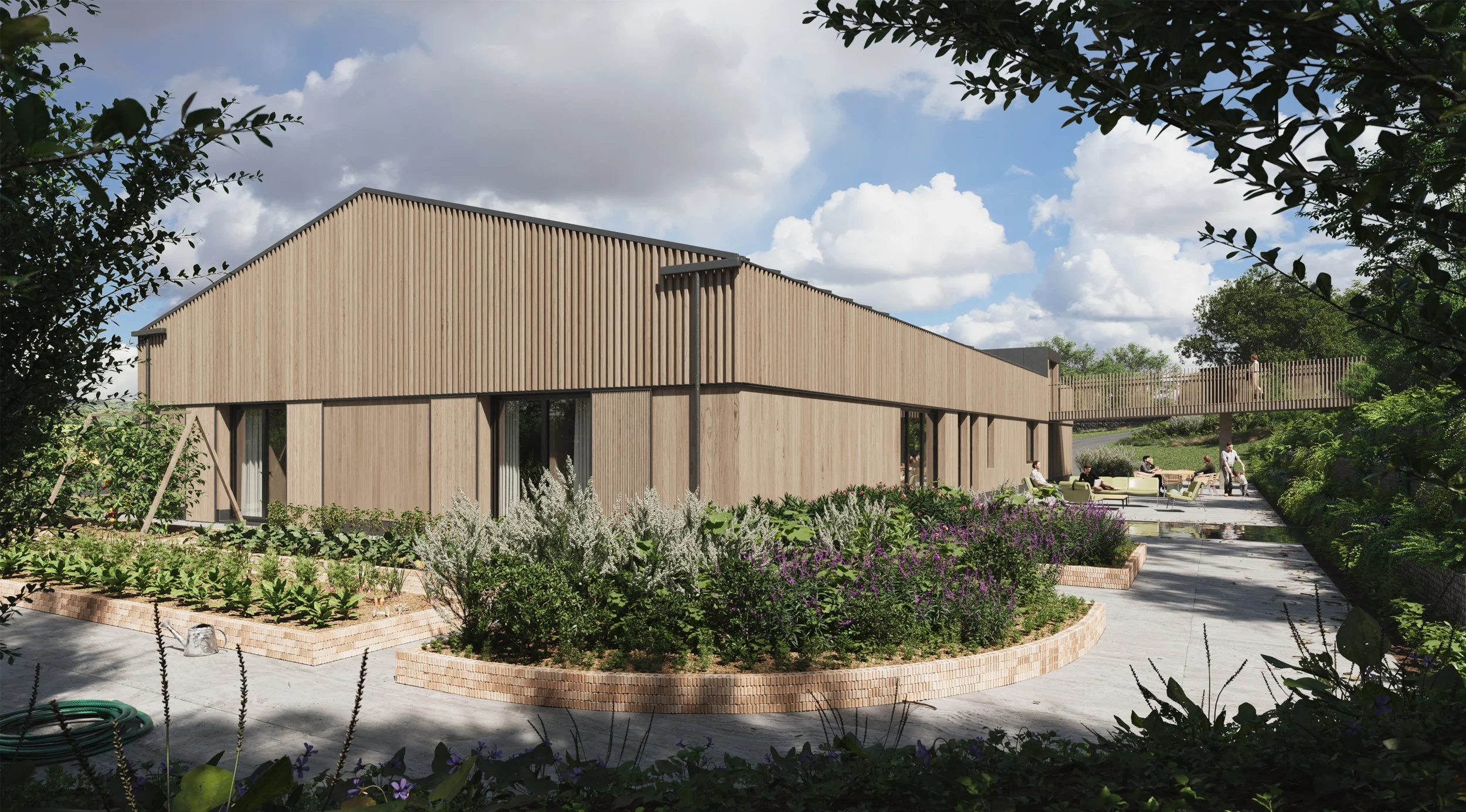 Levitate's new build home Compton Bassett shows a timber-clad sustainable structure with a bridge walkway and landscaped gardens.