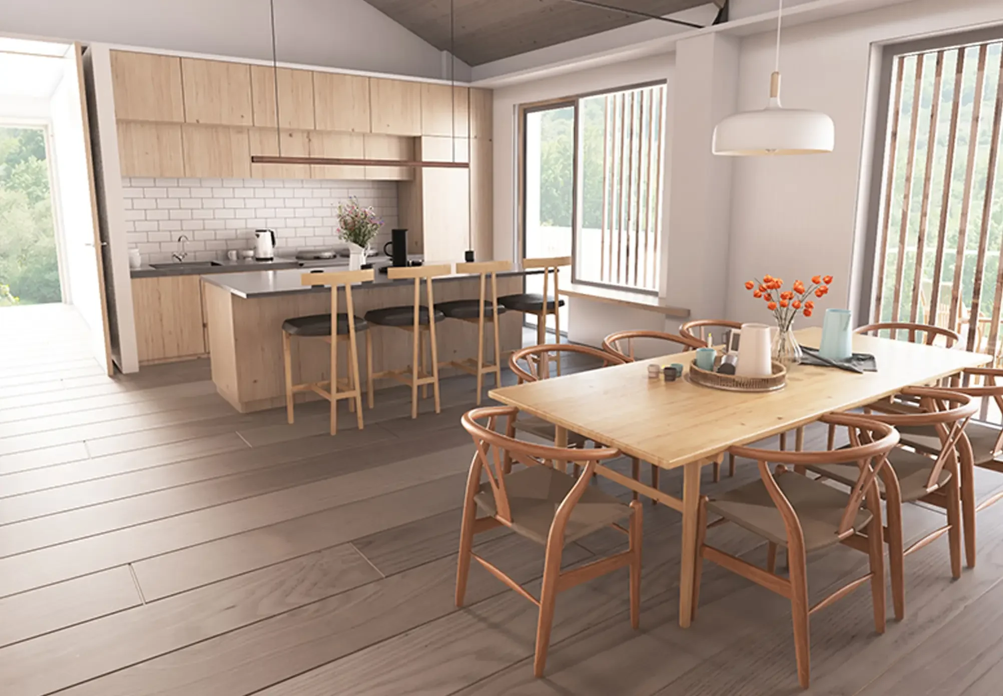 Levitate Architects Dairy Shed adaptive reuse interior showing timber finishes, open kitchen and dining space designed for low carbon farm living.